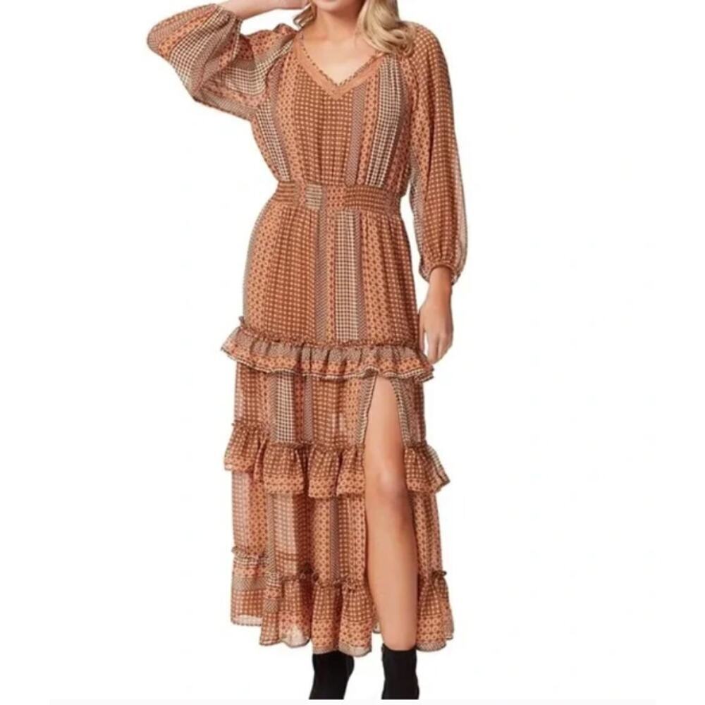 Jessica Simpson Womens Tiered Midi Dress XS Ruffle Fall Brown‎ Boho Prairie Tan